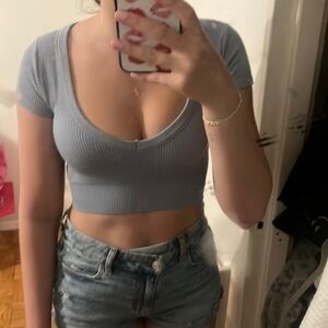 Garage Blue Ribbed Crop T-Shirt